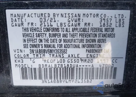 2021 Nissan Sentra S Xtronic Cvt z USA, uszkodzony, nr VIN 3N1AB8BV6MY263582